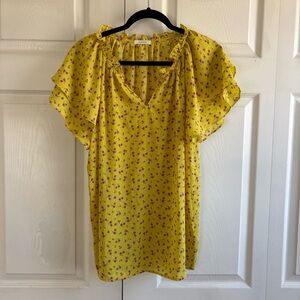 Pleione Yellow Ditsy Floral Flutter Sleeve Blouse Boho Bloomcore Whimsical XL